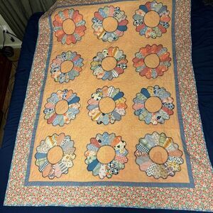 Pink & Blue 78x59 Vintage Quilt - with Hanger Header for Display [Clothing 384]